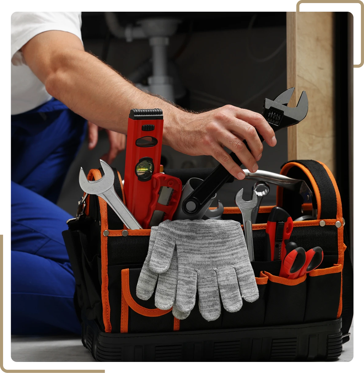Organized tools in black and orange toolbox