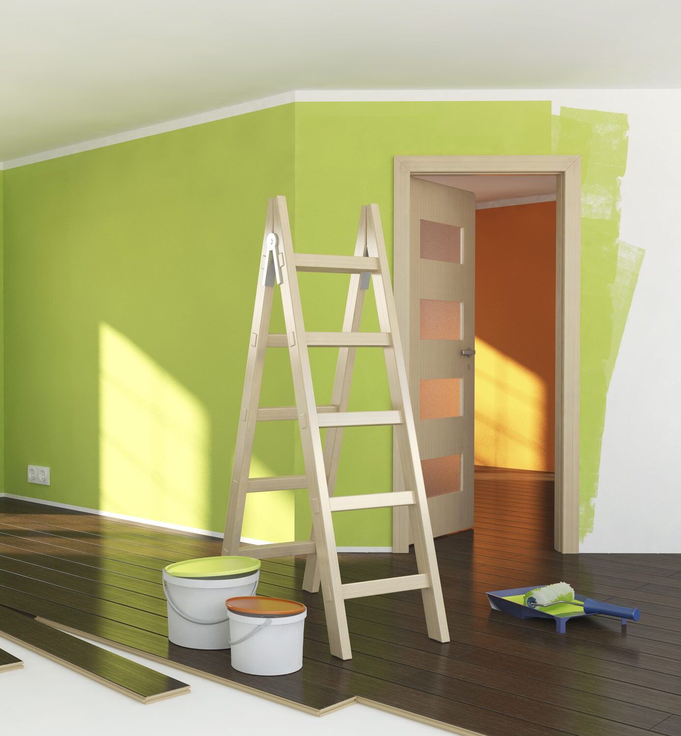 Room partially painted lime green with painting supplies and ladder.